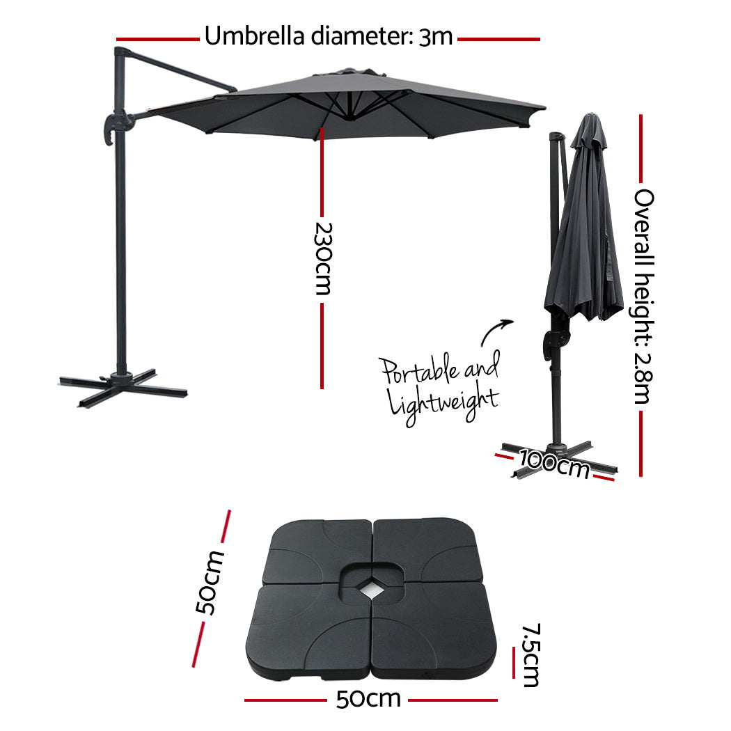 Instahut 3m Outdoor Umbrella w/Base Cantilever Beach Roma 360 Degree Tilt Charcoal-1