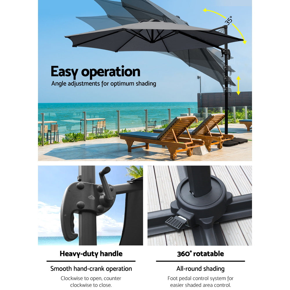 Instahut 3m Outdoor Umbrella w/Base Cantilever Beach Roma 360 Degree Tilt Charcoal-4