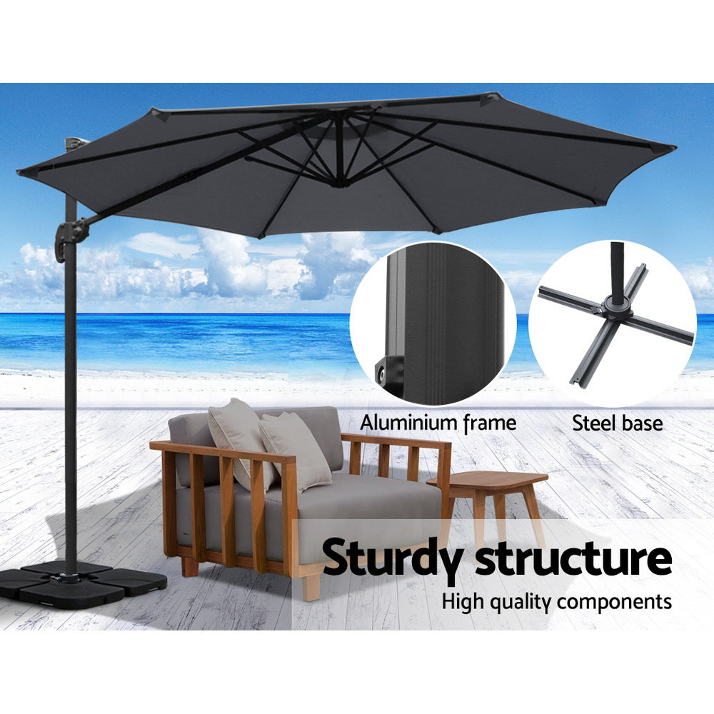 Instahut 3m Outdoor Umbrella w/Base Cantilever Beach Roma 360 Degree Tilt Charcoal-5