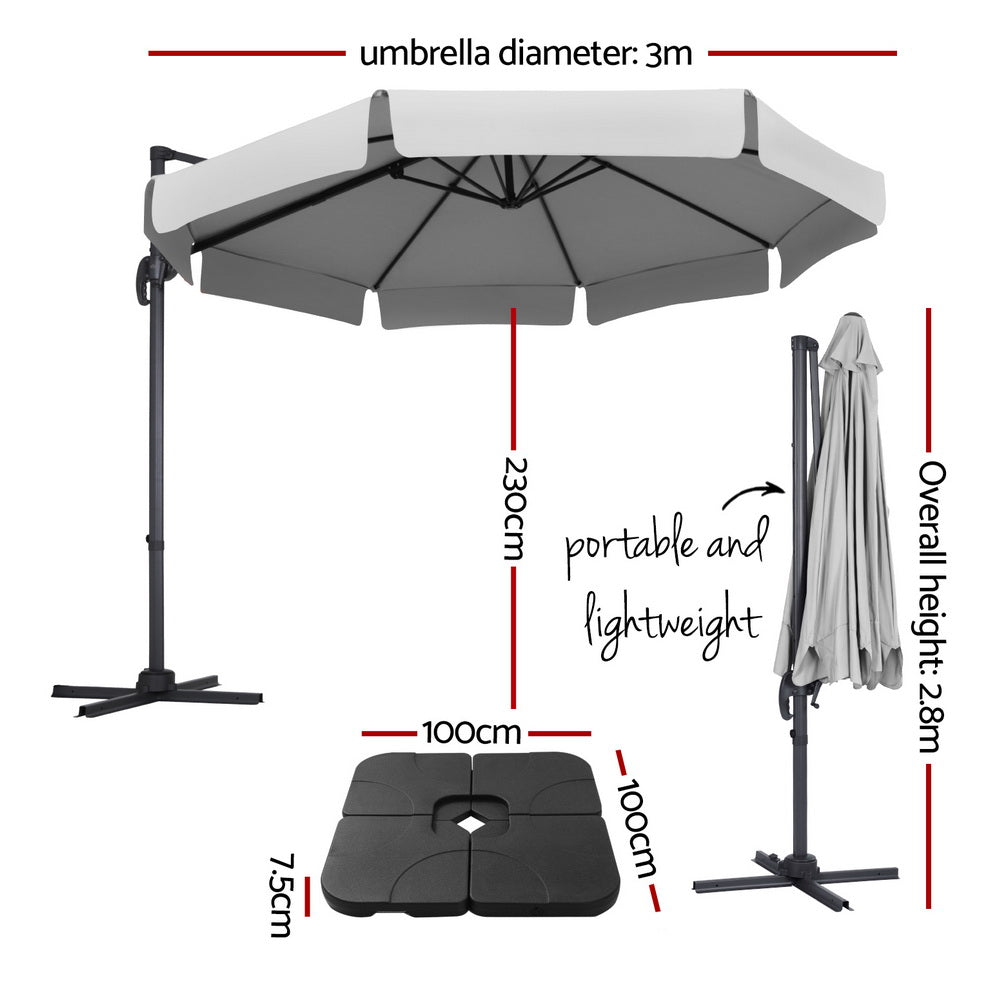 Instahut 3m Outdoor Umbrella w/Base Cantilever Beach Roma 360 Degree Tilt Grey-1