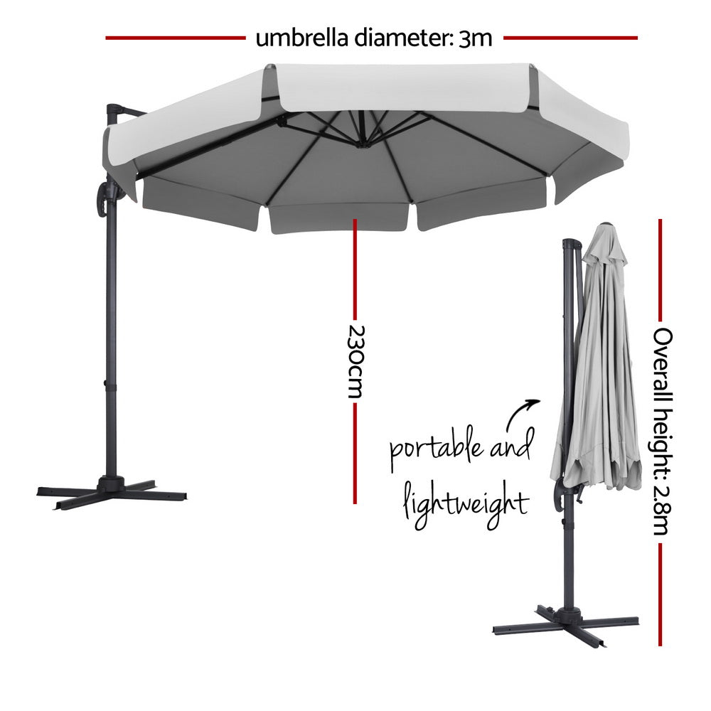 Instahut 3m Outdoor Umbrella Cantilever 360 Degree Tilt Beach Roma Grey-1