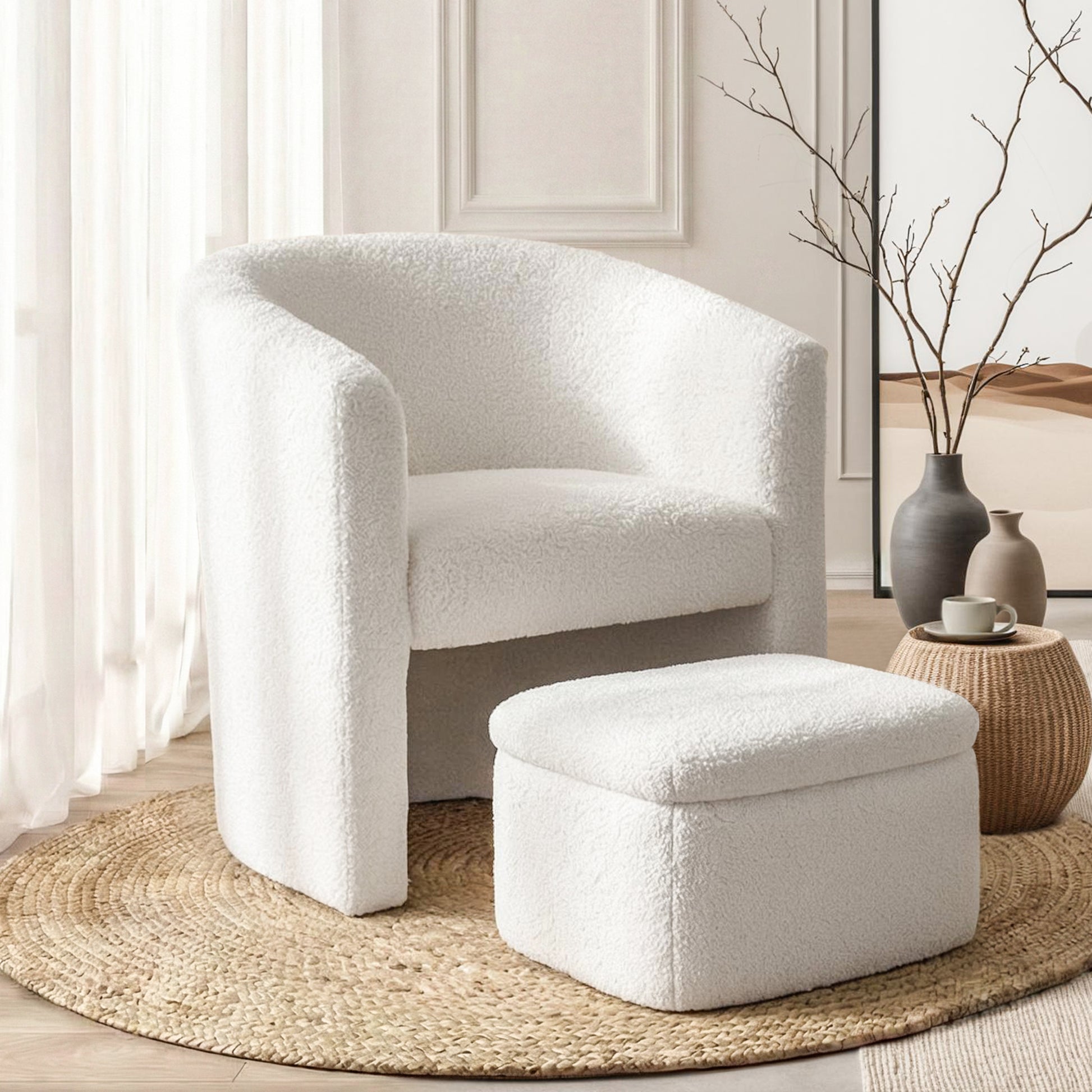 Artiss Armchair Accent Chair w/Ottoman Lounge Footrest Storage Boucle White-0