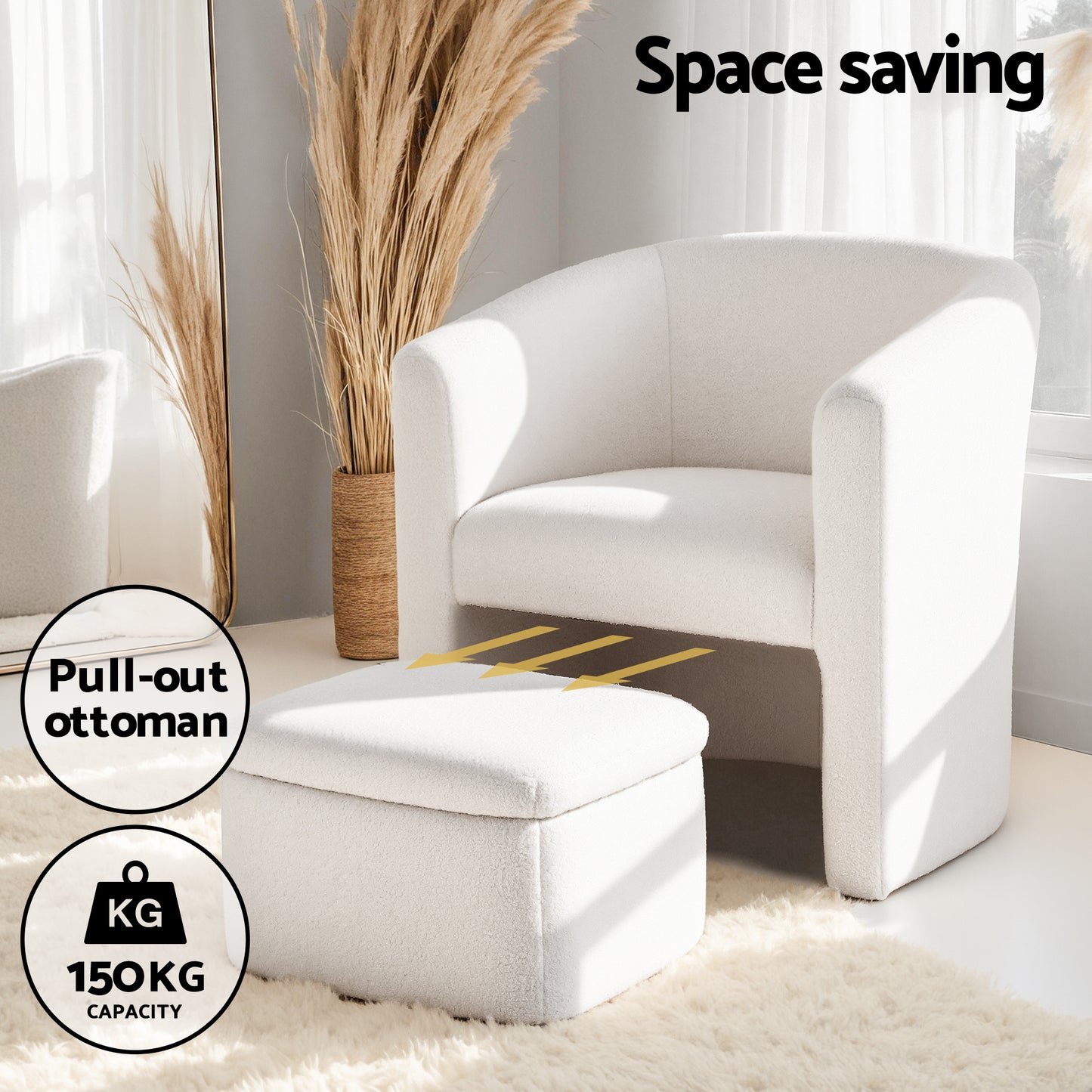 Artiss Armchair Accent Chair w/Ottoman Lounge Footrest Storage Boucle White-3