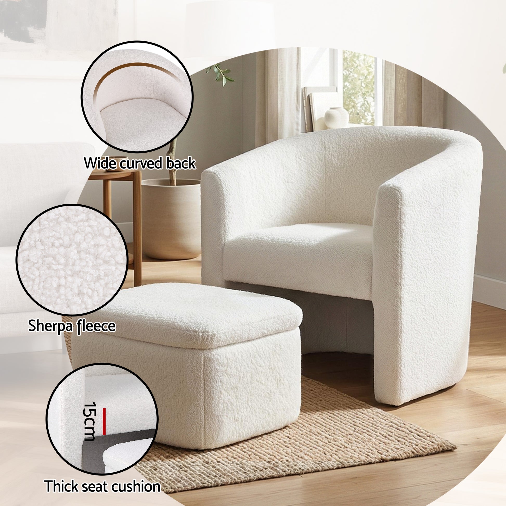 Artiss Armchair Accent Chair w/Ottoman Lounge Footrest Storage Boucle White-5