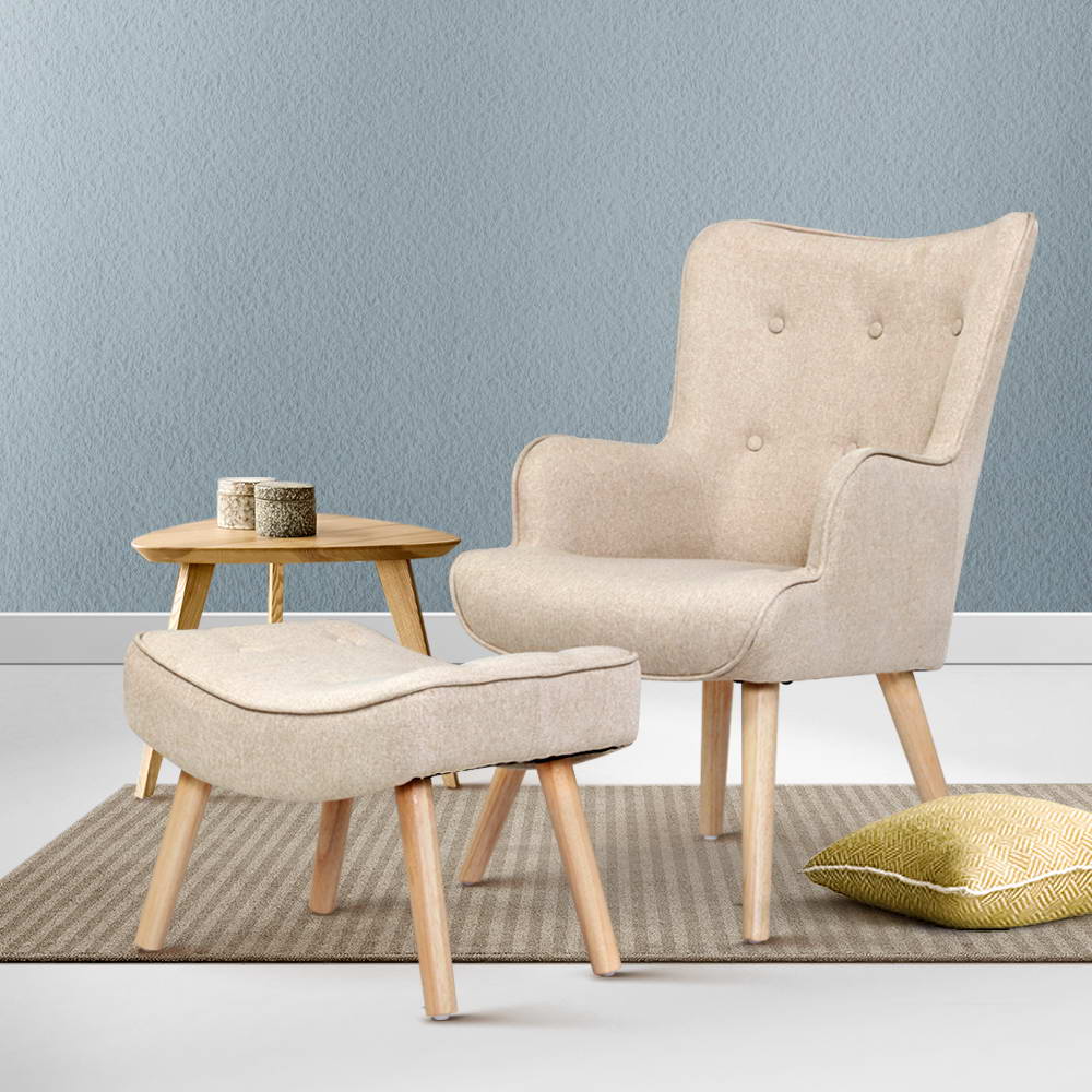 Artiss Armchair Set with Ottoman Beige Lansar-6