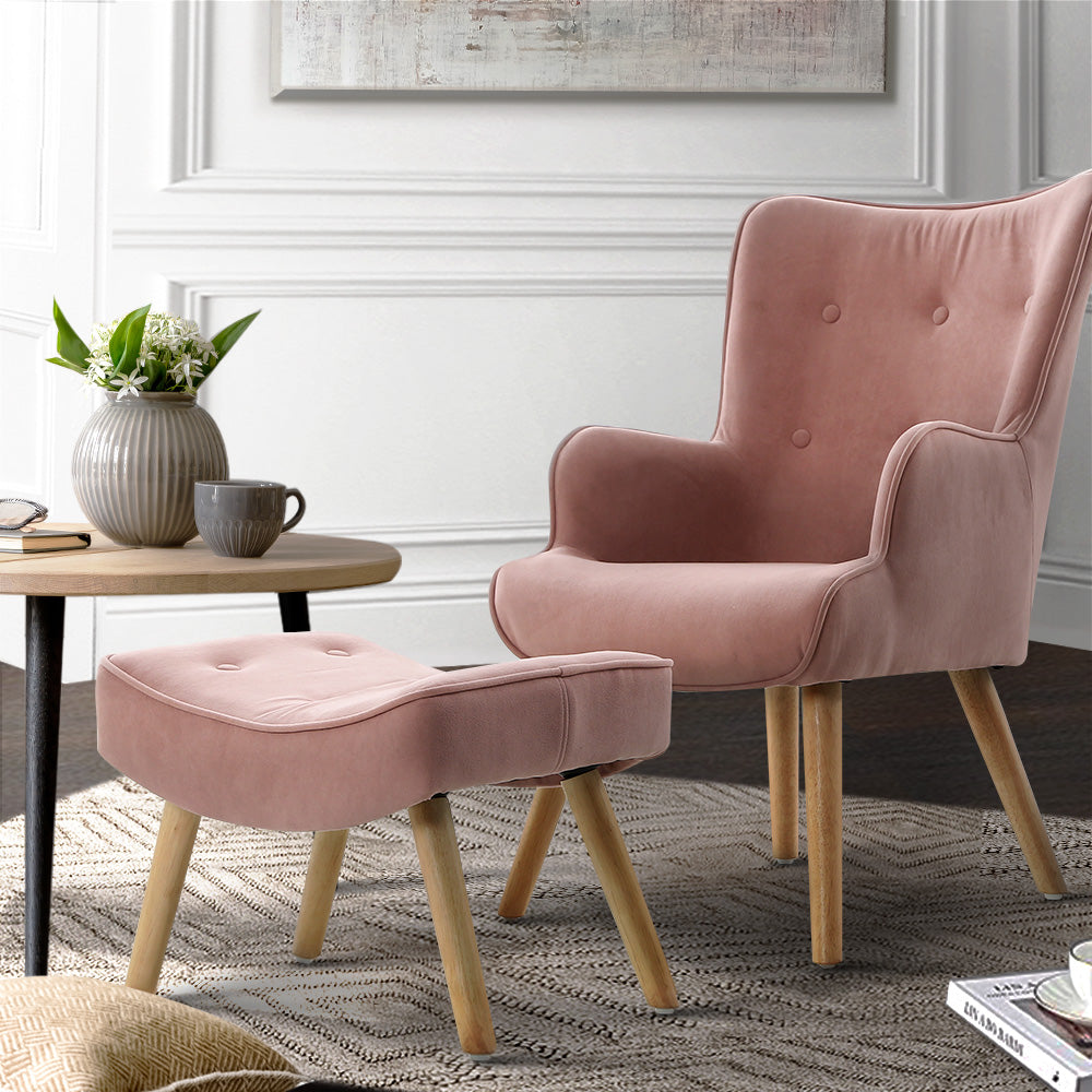 Artiss Armchair Set with Ottoman Pink Lansar-7