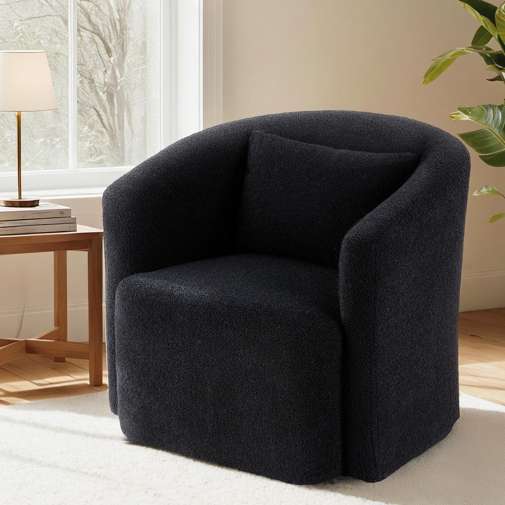 Artiss Round Swivel Armchair Sherpa Fleece Black-0
