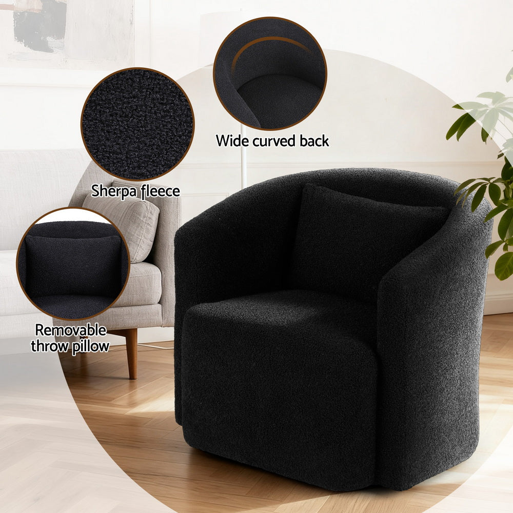 Artiss Round Swivel Armchair Sherpa Fleece Black-4
