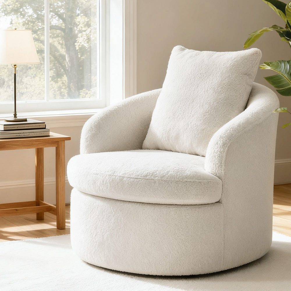 Artiss Round Swivel Armchair Extra Pillow White-0