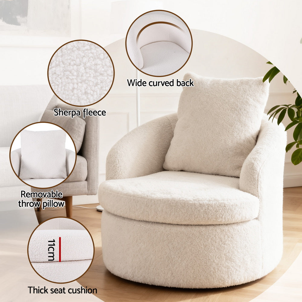 Artiss Round Swivel Armchair Extra Pillow White-4