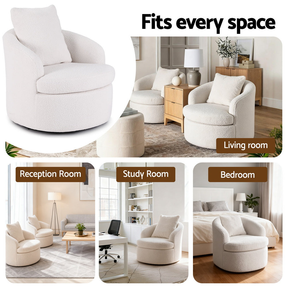 Artiss Round Swivel Armchair Extra Pillow White-5