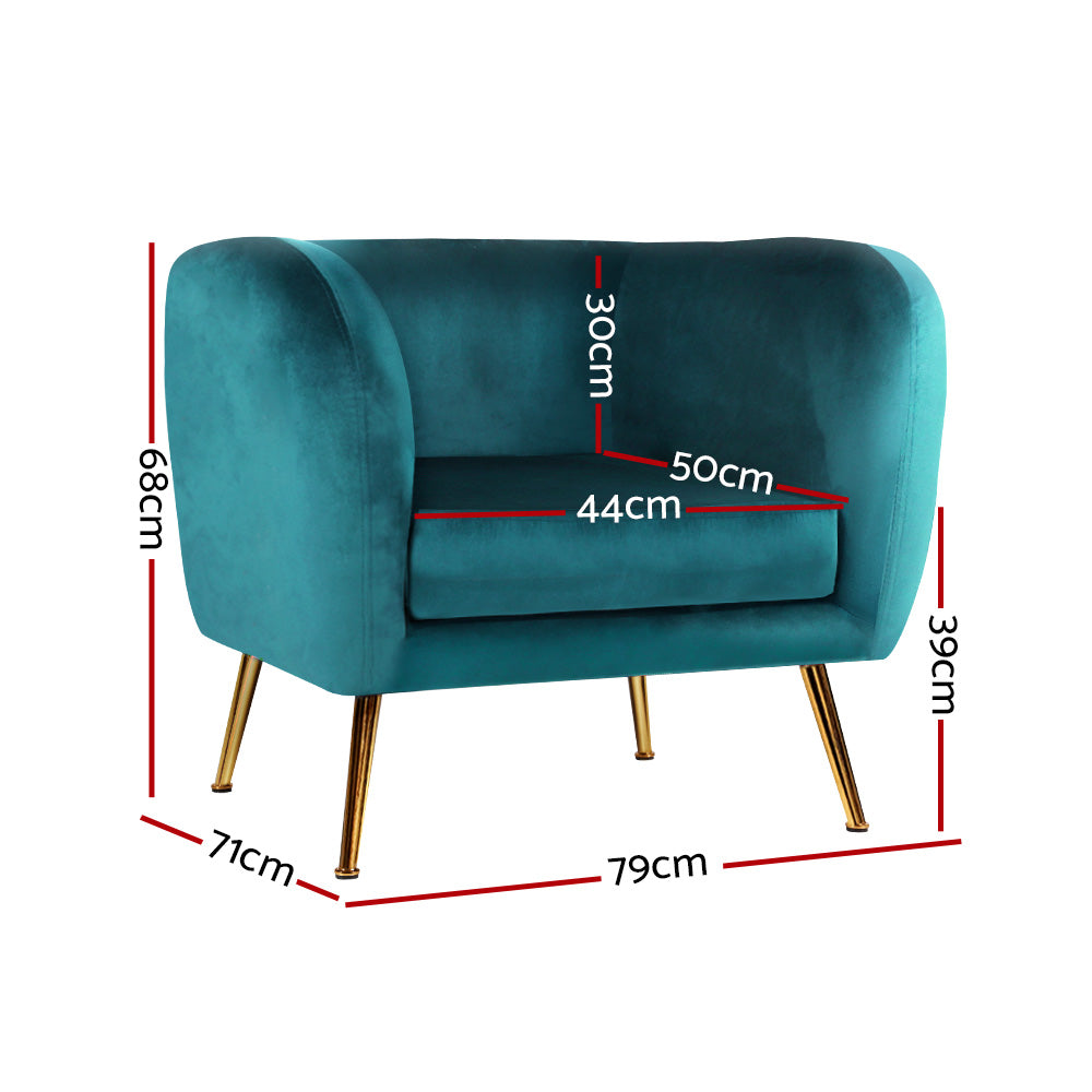 Artiss Armchair Lounge Sofa Arm Chair Accent Chairs Armchairs Couch Velvet Green-1