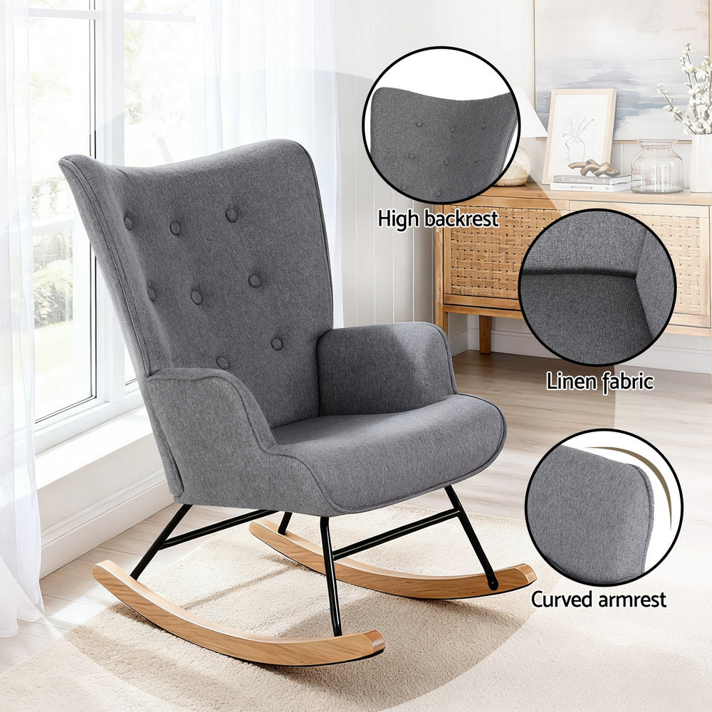Artiss Rocking Armchair Nursing Chair Linen Fabric Grey-4