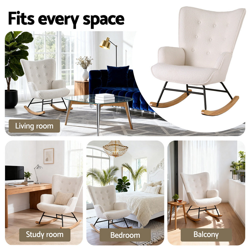 Artiss Rocking Armchair Nursing Chair Boucle Fabric White-5