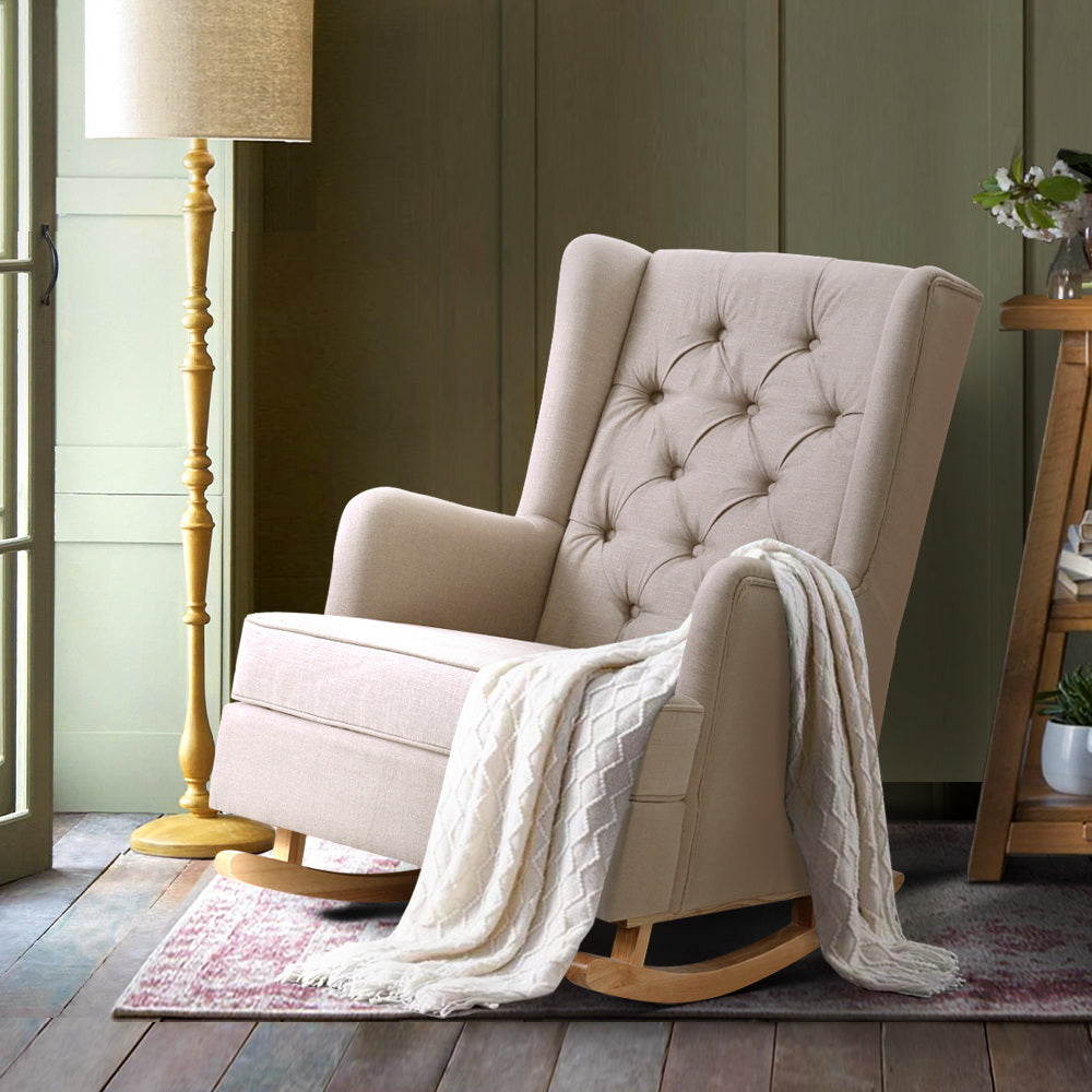 Artiss Rocking Chair Armchair Linen Fabric Beige Gaia-7