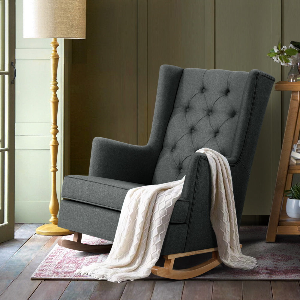 Artiss Rocking Chair Armchair Linen Fabric Charcoal Gaia-7