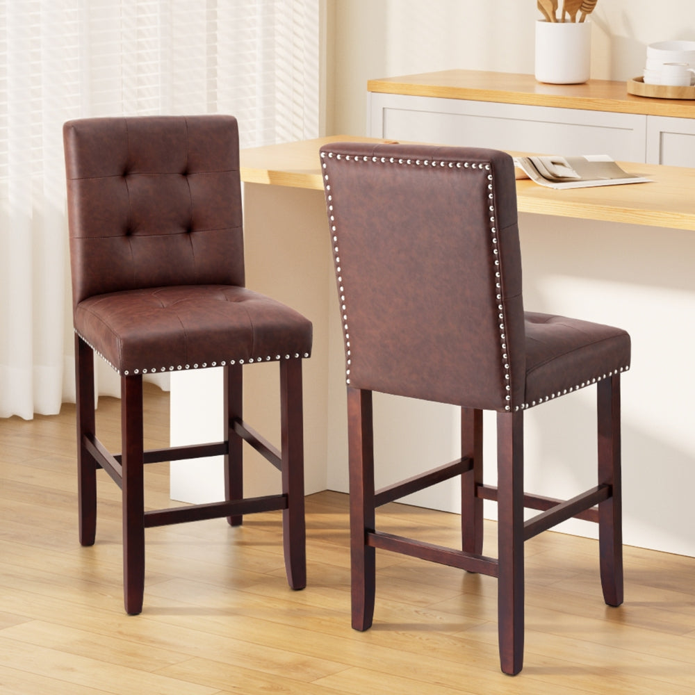 Artiss 2x Bar Stools Kitchen Dining Chairs Counter PU Leather Wooden Ada Brown-6