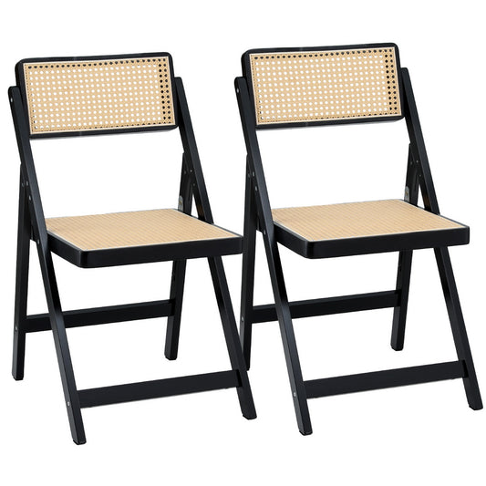 Artiss 2x Dining Chairs Wooden Rattan Foldable Black-0