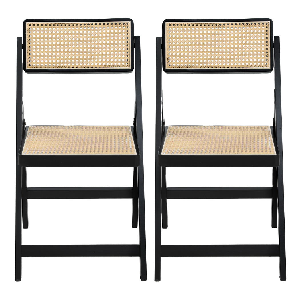 Artiss 2x Dining Chairs Wooden Rattan Foldable Black-2