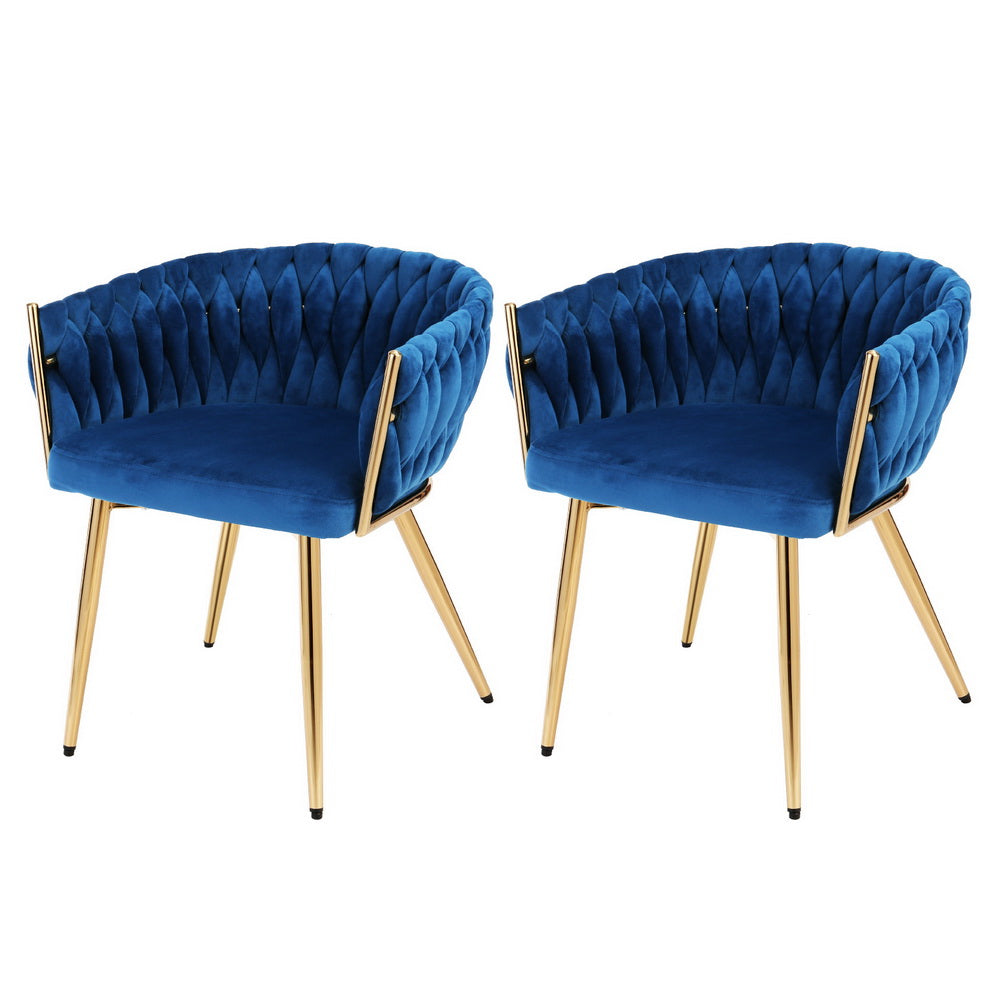 1 Set of 2 Artiss Dining Chairs Velvet Weaving Armchair Blue-0