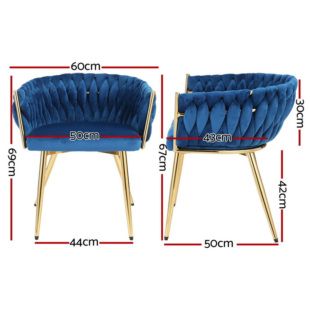 1 Set of 2 Artiss Dining Chairs Velvet Weaving Armchair Blue-1