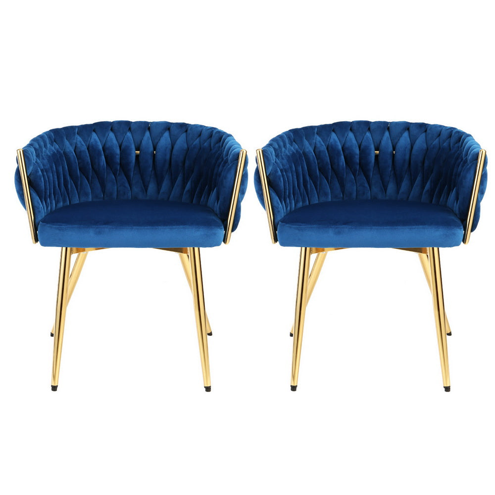1 Set of 2 Artiss Dining Chairs Velvet Weaving Armchair Blue-2