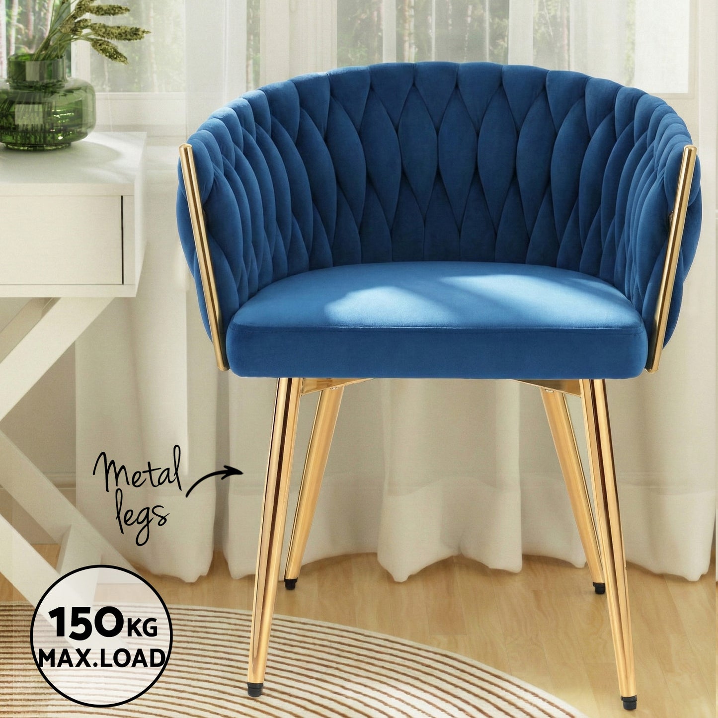 1 Set of 4 Artiss Dining Chairs Velvet Weaving Armchair Blue-4