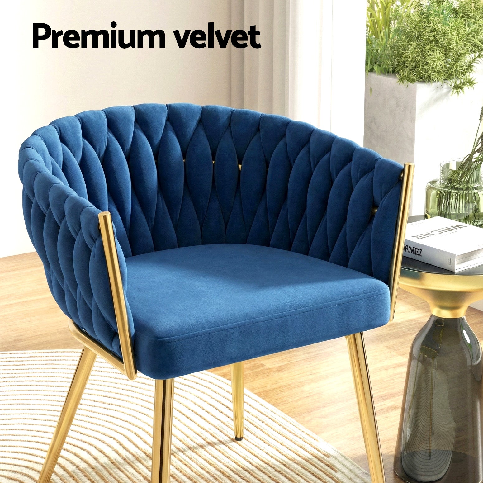1 Set of 4 Artiss Dining Chairs Velvet Weaving Armchair Blue-5