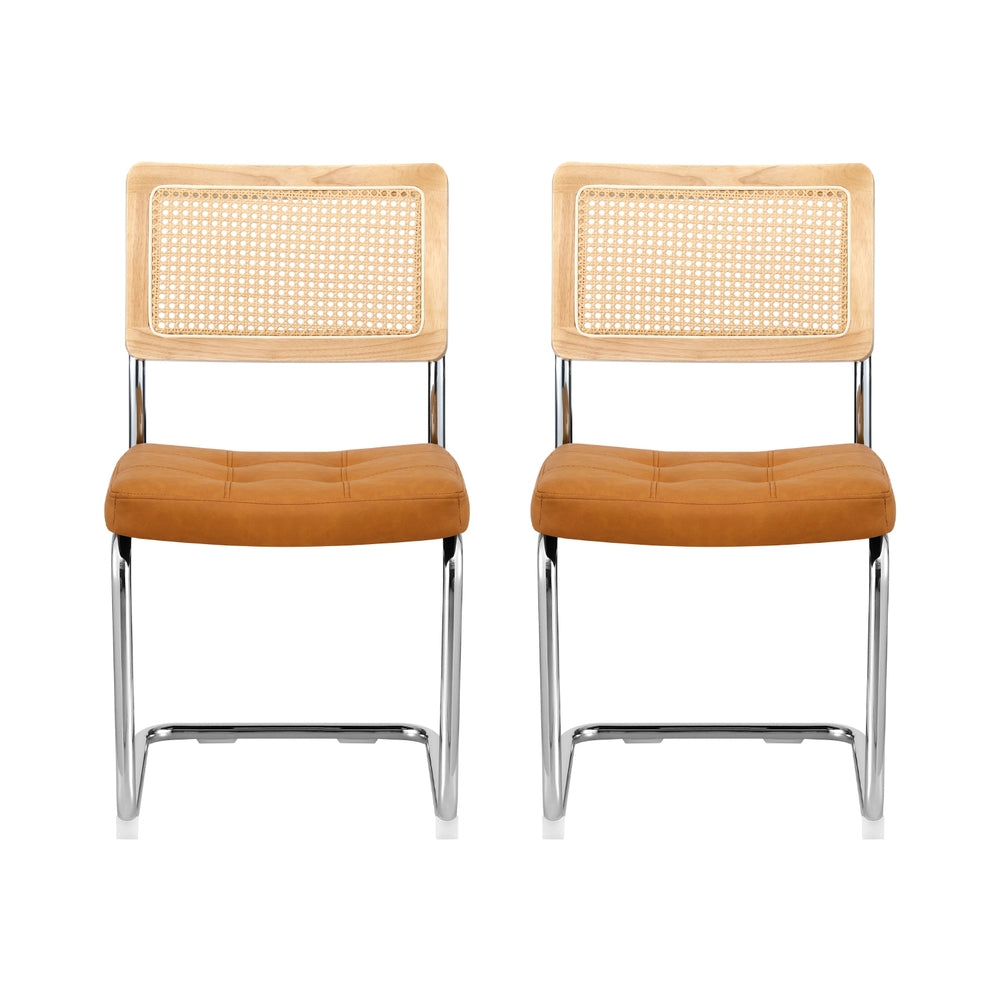 Artiss Dining Chairs Set of 2 PU Leather Rattan Cantilever Brown-2