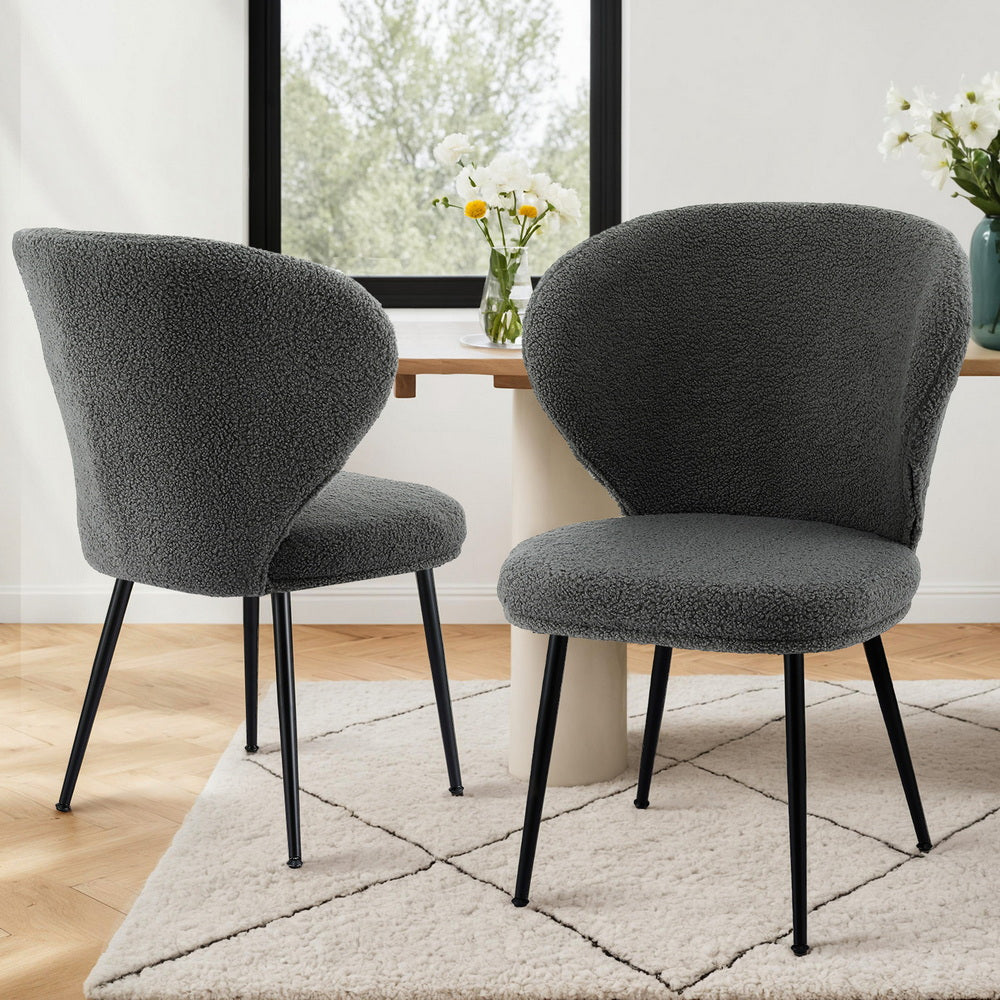 Artiss 2x Dining Chairs Sherpa Boucle Wing Back Grey-6