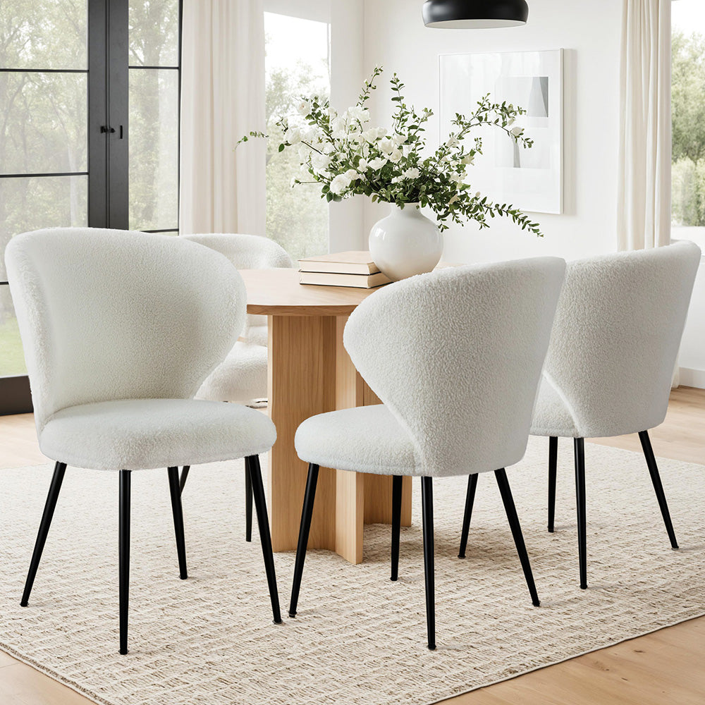 Artiss 4x Dining Chairs Sherpa Boucle Wing Back White-3