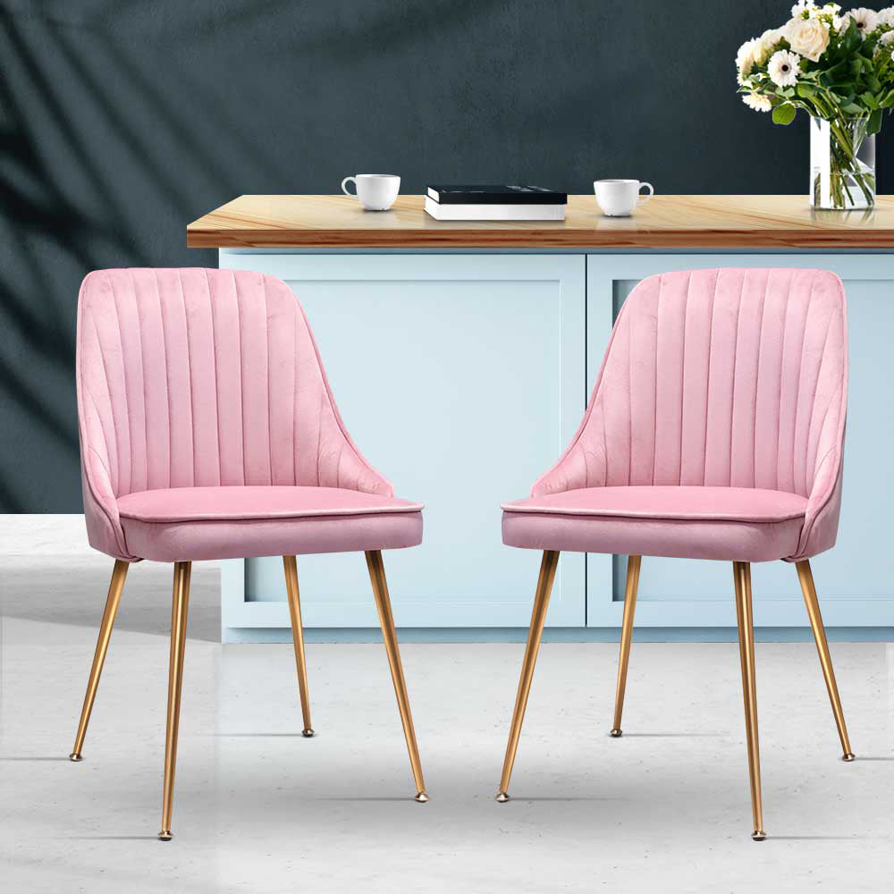 Artiss Dining Chairs Set of 2 Velvet Channel Tufted Pink-6