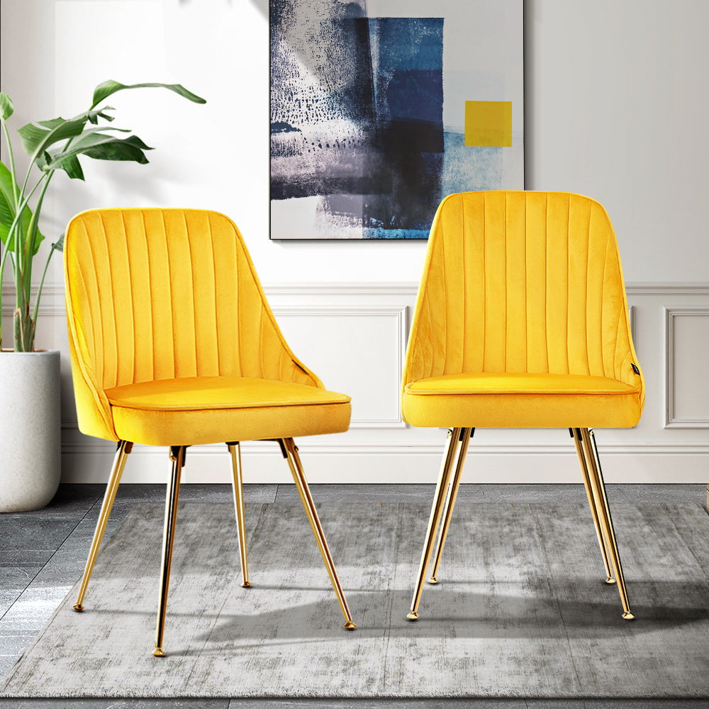 Artiss Dining Chairs Set of 2 Velvet Channel Tufted Yellow-7