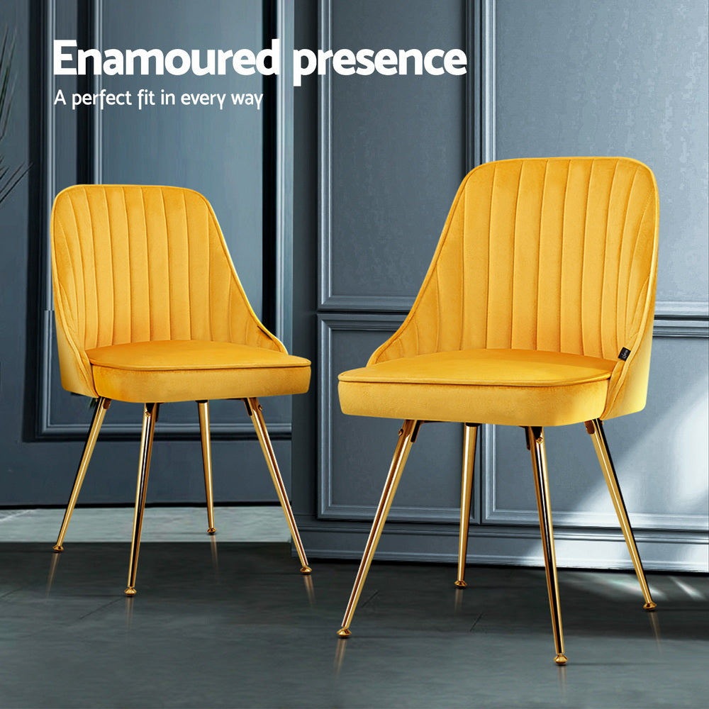 Artiss Dining Chairs Set of 4 Velvet Channel Tufted Yellow-3