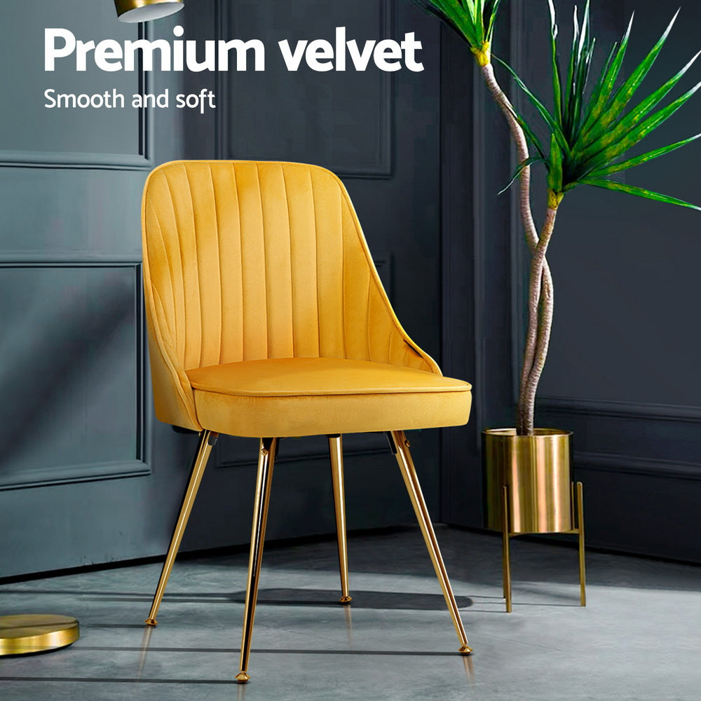 Artiss Dining Chairs Set of 4 Velvet Channel Tufted Yellow-4