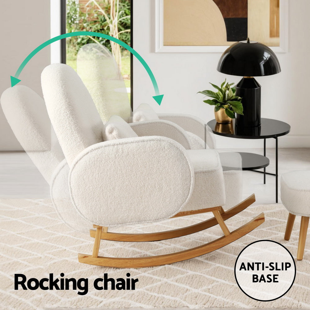 Artiss Armchair Rocking Chair Ottoman Lounge Footrest Round Nursing Boucle White-3