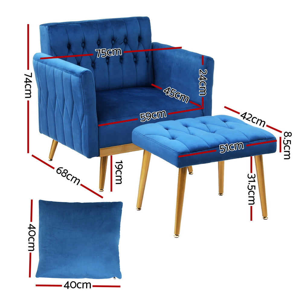 Artiss Armchair Ottoman Accent Chair Pillow Velvet Blue-1