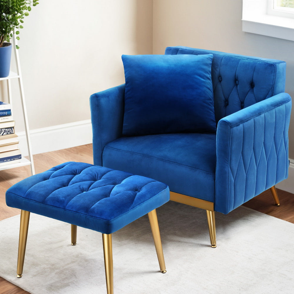 Artiss Armchair Ottoman Accent Chair Pillow Velvet Blue-6