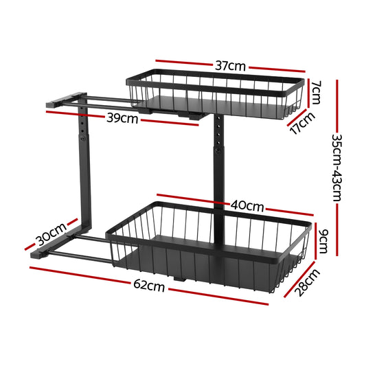 Artiss Under Sink Organizer Storage with 2 Slide Out Drawers 5 Adjustable Height Bathroom Kitchen Cabinet Black-1