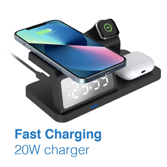 Laser 3-in-1 Wireless Charging Station with Alarm Clock - Black
