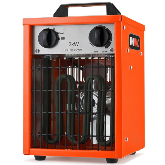 UNIMAC 2kW Industrial Electric Fan Heater, 10A, Adjustable Thermostat, 2 Heat Settings, Fast Heating, Compact Portable Box Design for Workshop and Garage Use