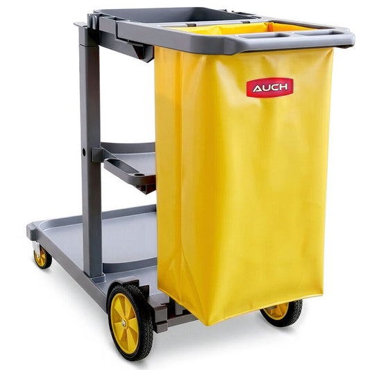 AUCH Janitor Cleaning Trolley, Housekeeping Cart, 3 Shelves, Tool Storage Clamp, Wet Sign Hook, Quiet Wheels, Grey