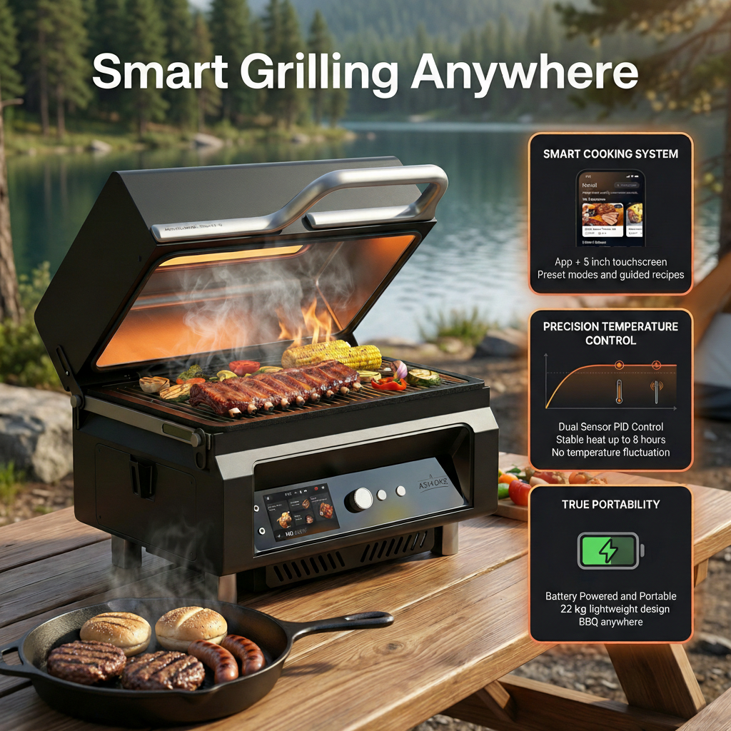 ASMOKE Essential Portable Wireless Pellet Smoker - Battery Powered 8-in-1 Mini BBQ Grill with Smart Temp Control & Meat Probe for Camping & RV