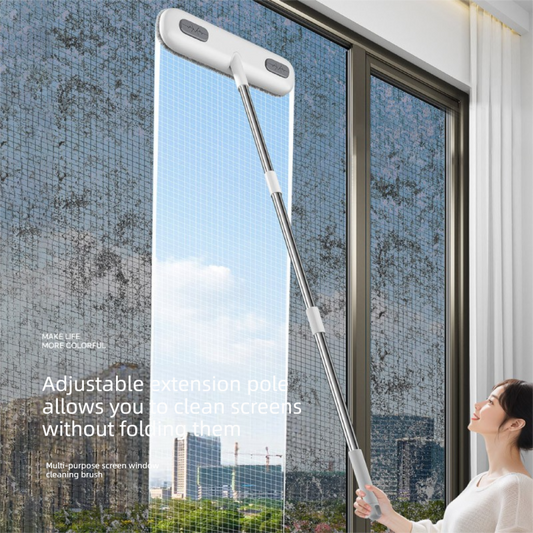 2-in-1 Window Fly Screen Cleaner Brush with Extendable 82cm Stainless Steel Handle Multifunctional Mesh Cleaning Tool for Wet and Dry Use on Glass and Carpets