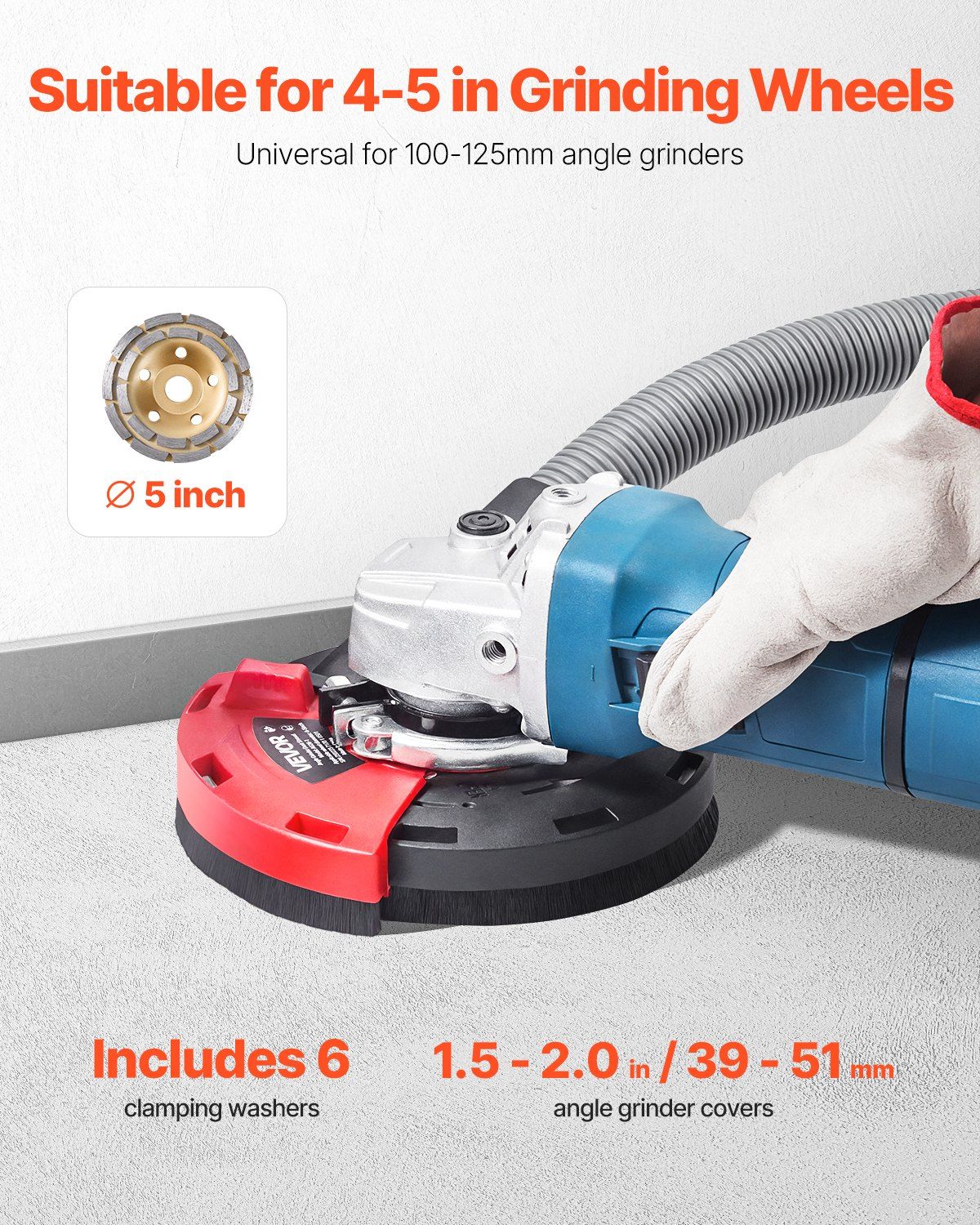 Grinding Dust Shroud for Angle Grinder, Universal 100-125mm, Surface Grinder Dust Shroud with 6 Clamping Washers & 125 mm Diamond Grinding Cup Wheel, Connect to Vacuum Cleaner, for Wood Concrete