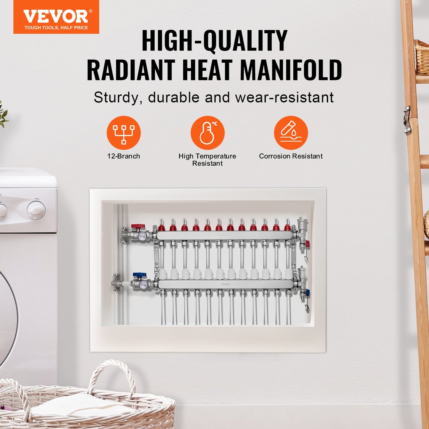 12-Branch Radiant Heat Manifold, 1/2" PEX Tubing Manifold, Stainless Steel PEX Manifold for Hydronic Radiant Floor Heating, Radiant Heat PEX Manifold Kit with 1/2" Adapters Included