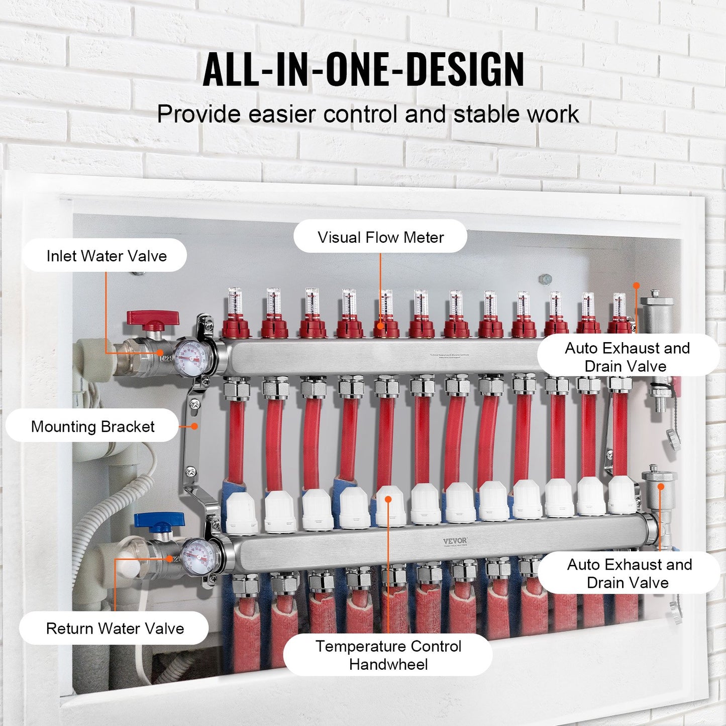 12-Branch Radiant Heat Manifold, 1/2" PEX Tubing Manifold, Stainless Steel PEX Manifold for Hydronic Radiant Floor Heating, Radiant Heat PEX Manifold Kit with 1/2" Adapters Included
