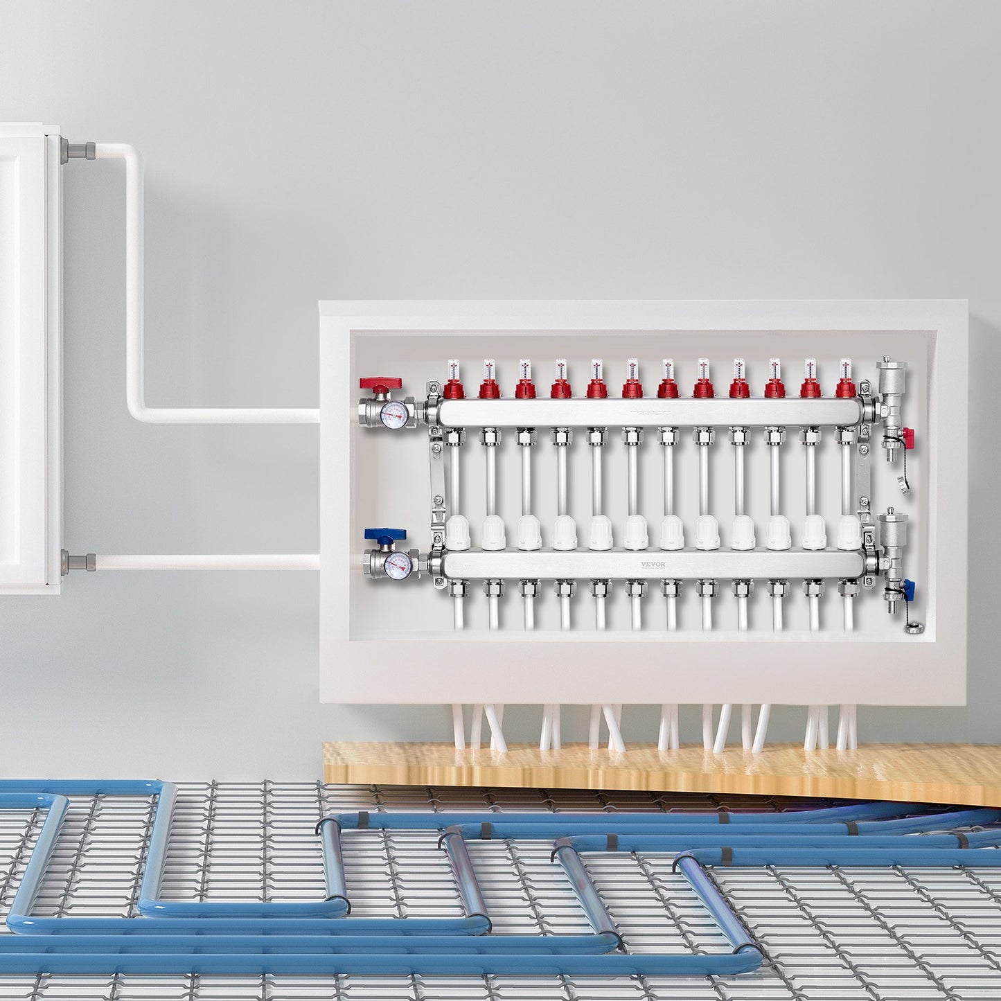12-Branch Radiant Heat Manifold, 1/2" PEX Tubing Manifold, Stainless Steel PEX Manifold for Hydronic Radiant Floor Heating, Radiant Heat PEX Manifold Kit with 1/2" Adapters Included