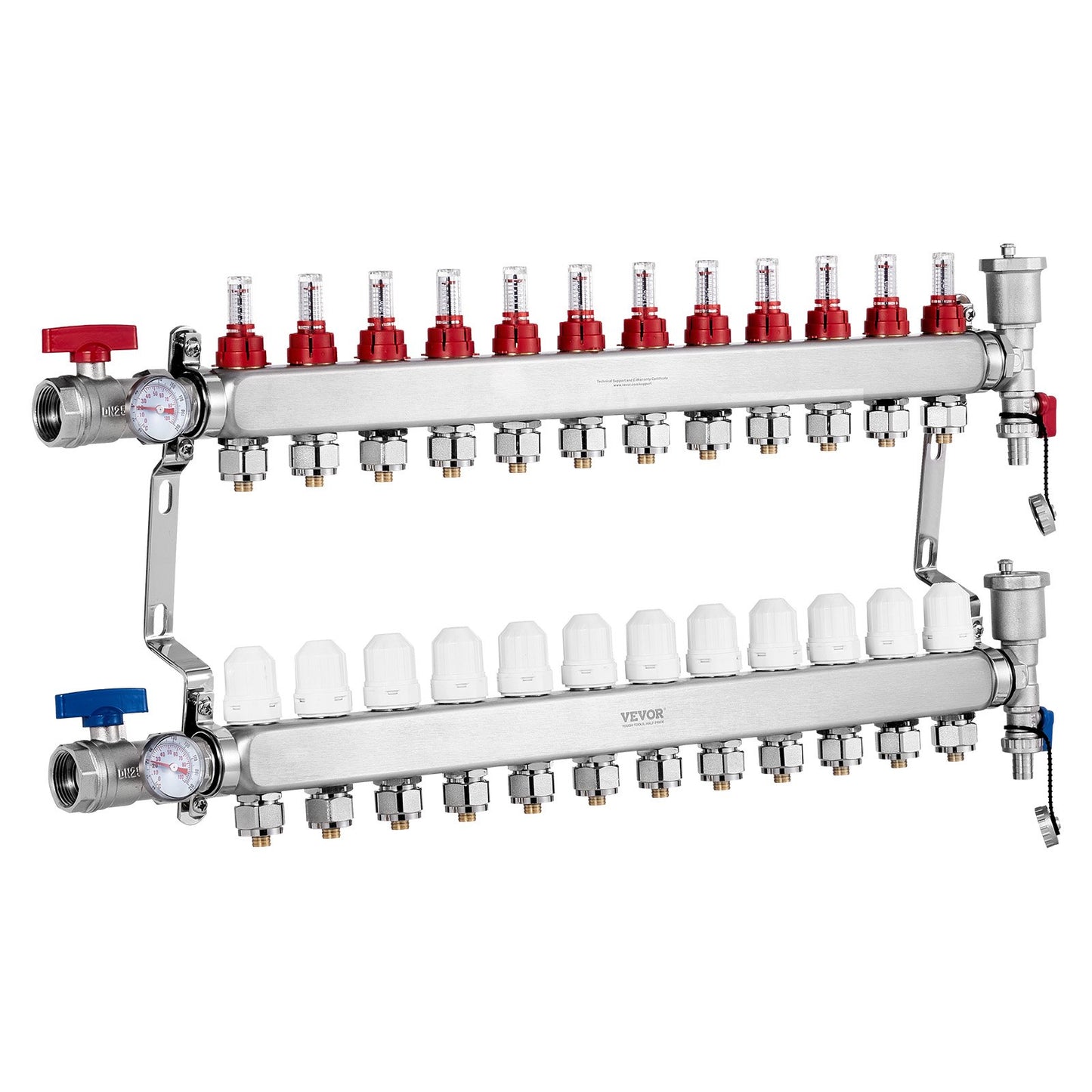 12-Branch Radiant Heat Manifold, 1/2" PEX Tubing Manifold, Stainless Steel PEX Manifold for Hydronic Radiant Floor Heating, Radiant Heat PEX Manifold Kit with 1/2" Adapters Included