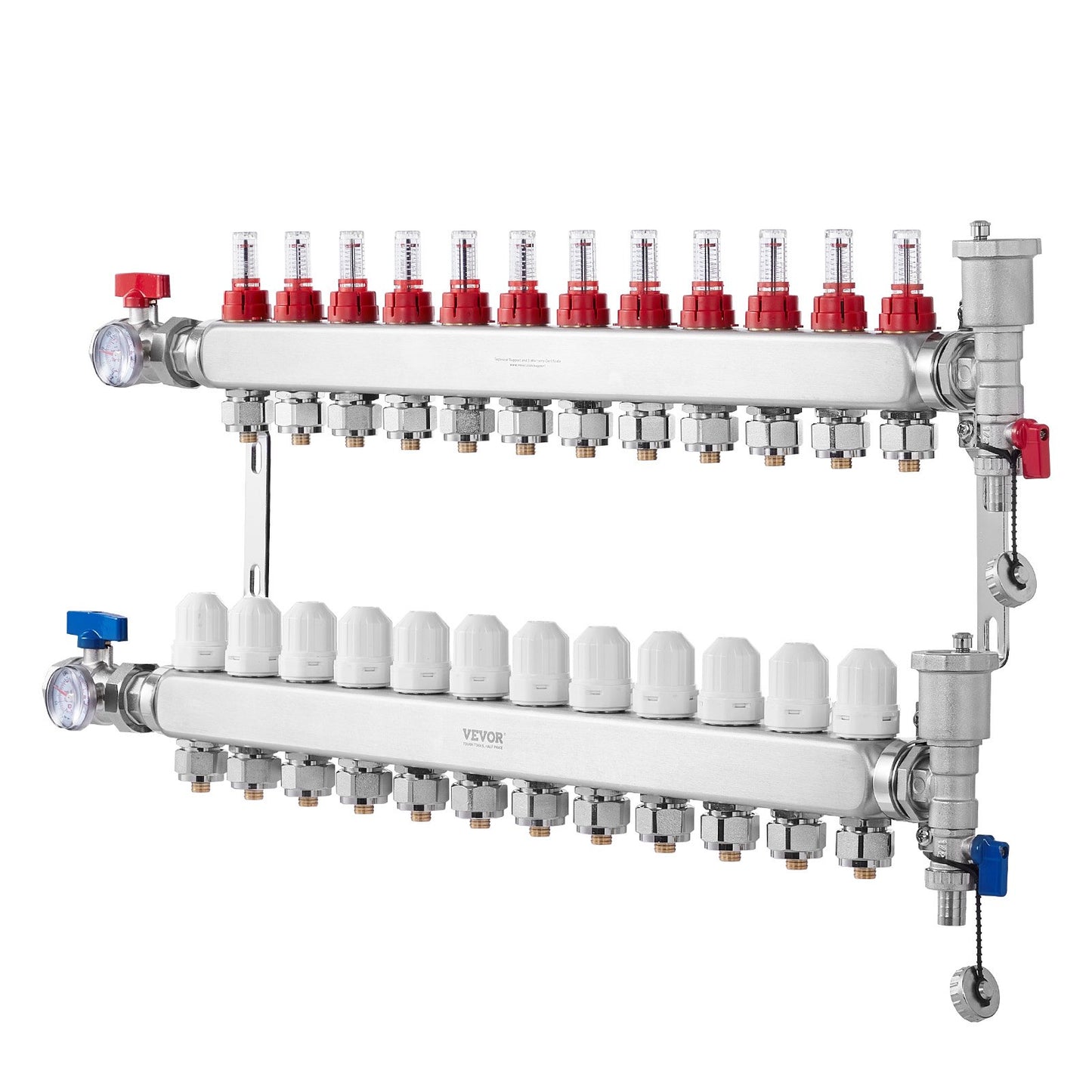 12-Branch Radiant Heat Manifold, 1/2" PEX Tubing Manifold, Stainless Steel PEX Manifold for Hydronic Radiant Floor Heating, Radiant Heat PEX Manifold Kit with 1/2" Adapters Included